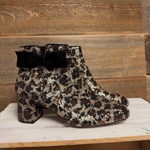Kate Spade Langley Booties Womens 11 Black Gold Leopard Sequins Zip Up Ankle Bow